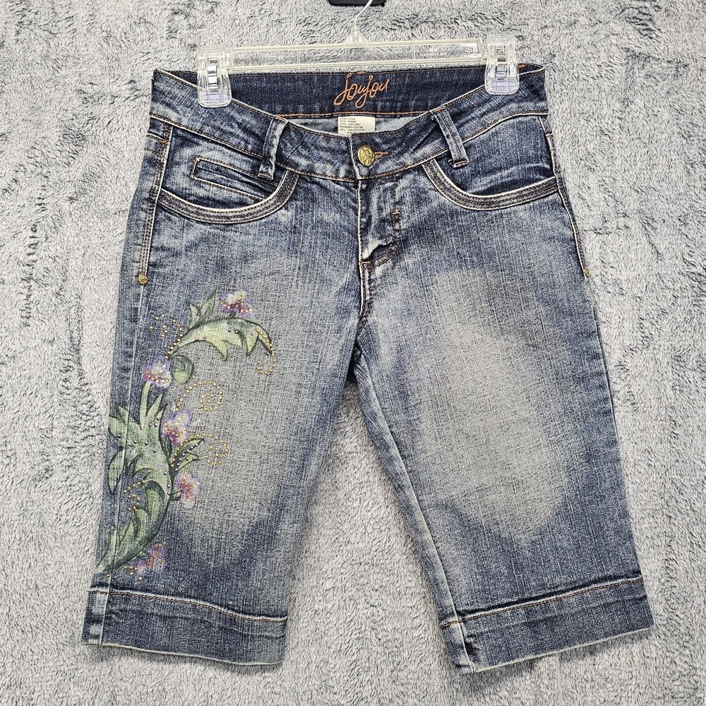 Vtg Joyful Denim Bermuda Shorts Y2K Floral Print Rhinestone Emblish Women's 7/8